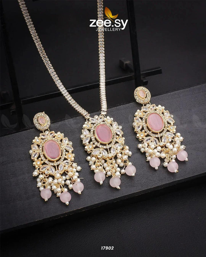 Basil Shield Vintage Necklace Set Golden Mint Pink Pendants - Zeesy Jewellery Pakistan | Premium Artificial & Imitation Jewellery