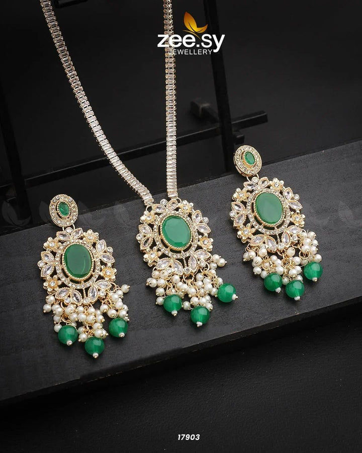Basil Shield Vintage Necklace Set Golden Green Pendants - Zeesy Jewellery Pakistan | Premium Artificial & Imitation Jewellery