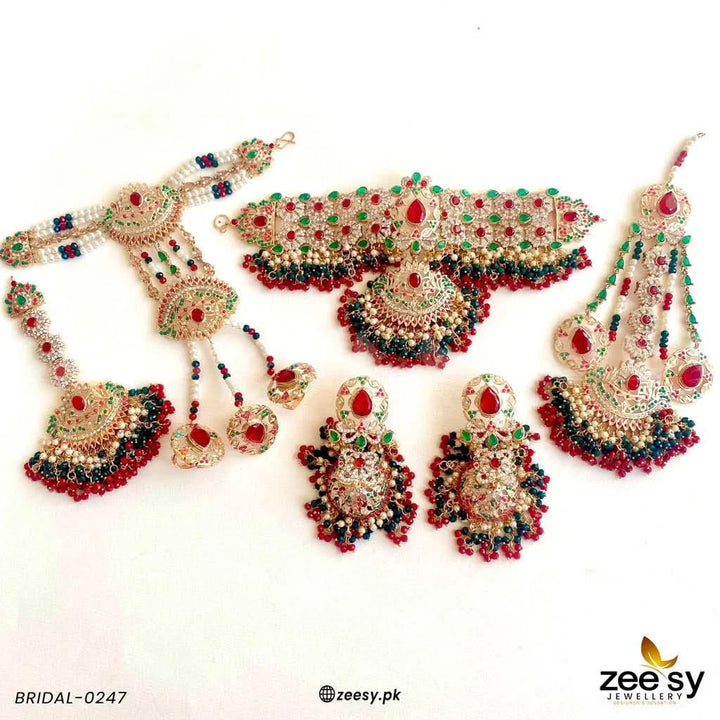 BRIDAL-0247 Red & Green Bridal Set - Zeesy Jewellery Pakistan | Premium Artificial & Imitation Jewellery