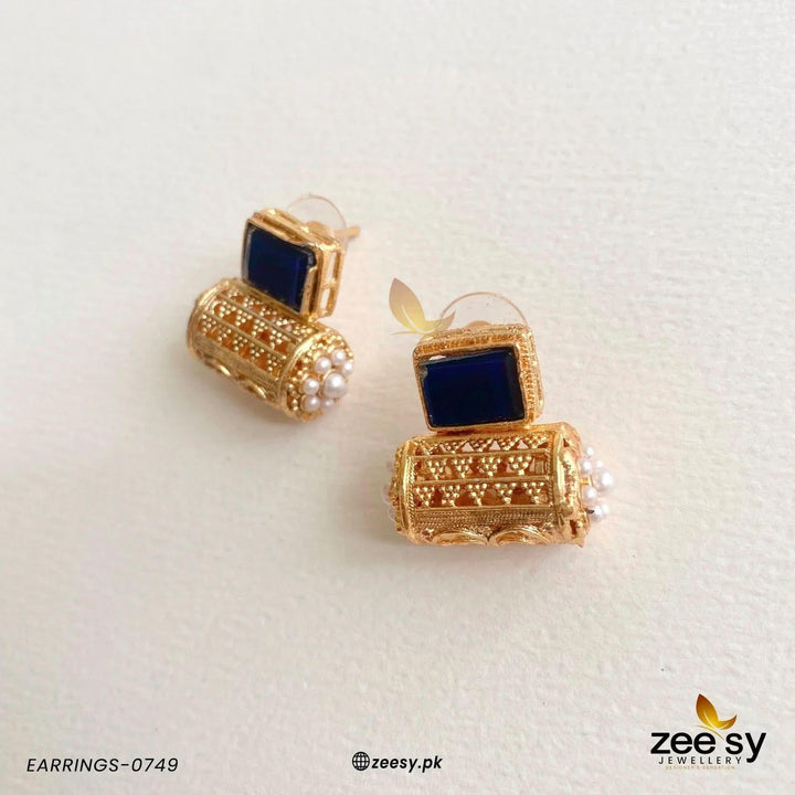 Traditional Pearl Dolki Stud Earrings Blue Earrings - Zeesy Jewellery Pakistan | Premium Artificial & Imitation Jewellery