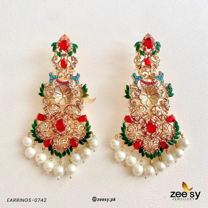 Earrings-0742 Red & Green Earrings - Zeesy Jewellery Pakistan | Premium Artificial & Imitation Jewellery