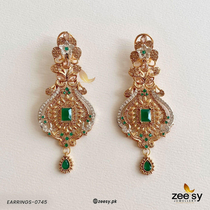 EARRINGS-0745 Golden Green Earrings - Zeesy Jewellery Pakistan | Premium Artificial & Imitation Jewellery
