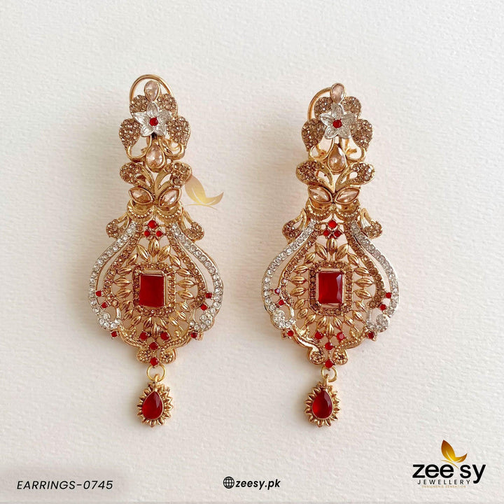 EARRINGS-0745 Golden Mahroon Earrings - Zeesy Jewellery Pakistan | Premium Artificial & Imitation Jewellery