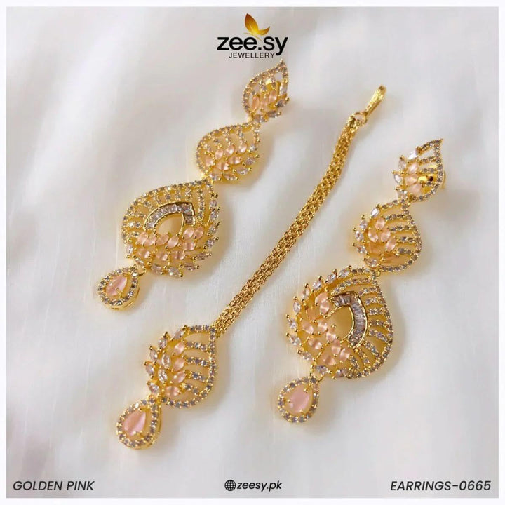 EARRINGS-0665 Golden Pink Earrings - Zeesy Jewellery Pakistan | Premium Artificial & Imitation Jewellery