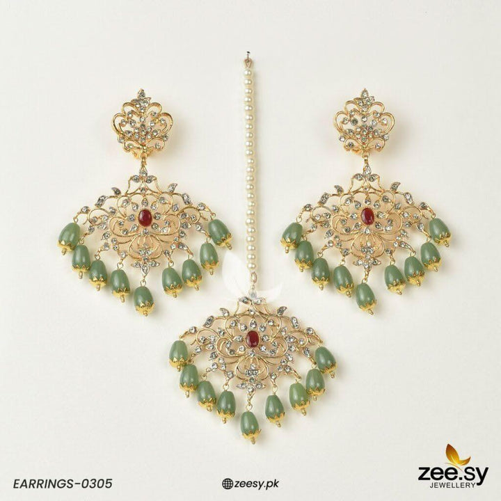Sunflower Earrings-0305 Pista Center Stone Red Earrings - Zeesy Jewellery Pakistan | Premium Artificial & Imitation Jewellery