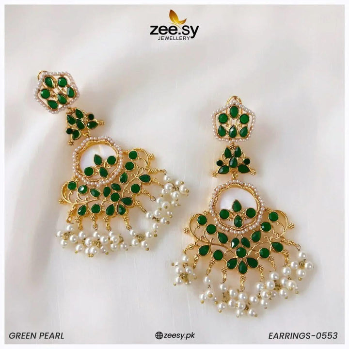 EARRINGS-0553 Green Pearl Earrings - Zeesy Jewellery Pakistan | Premium Artificial & Imitation Jewellery