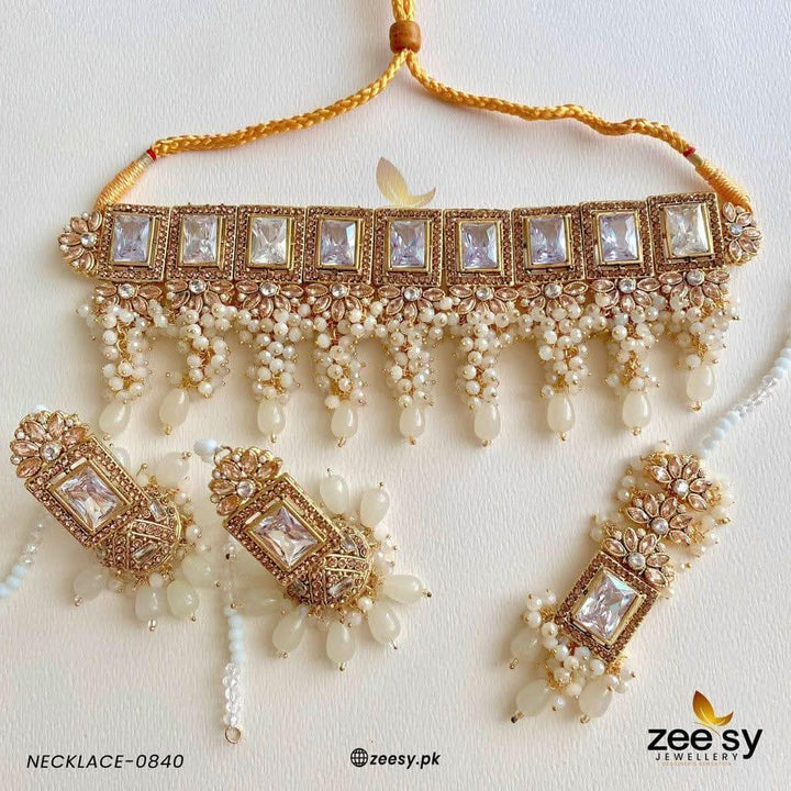 NECKLACE-0840 Golden White Necklace Sets - Zeesy Jewellery Pakistan | Premium Artificial & Imitation Jewellery