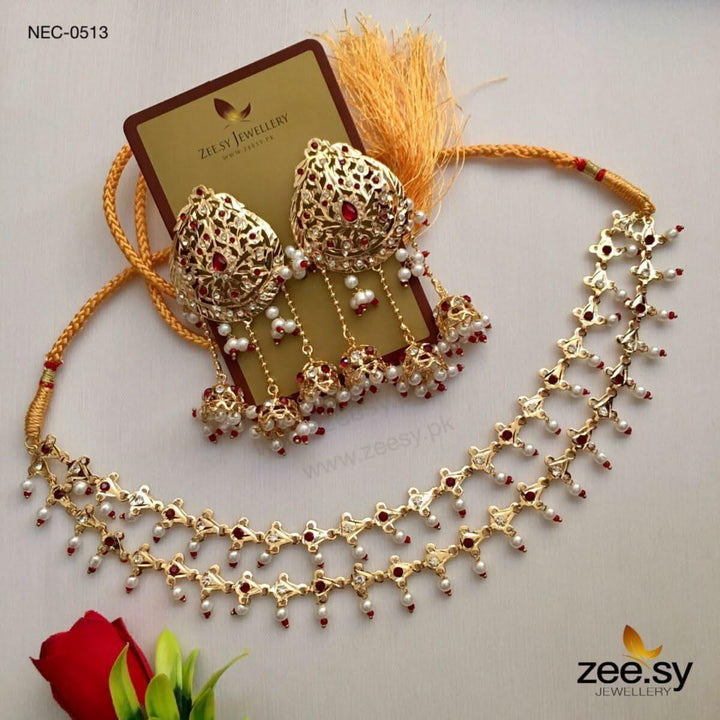Nauratan Rani Pearl Drop Necklace Set Red Necklace Sets - Zeesy Jewellery Pakistan | Premium Artificial & Imitation Jewellery