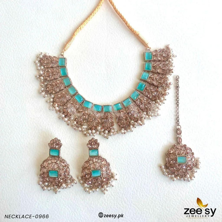 Imperial Heirloom Luxe Bridal Set Mint Green Necklace Sets - Zeesy Jewellery Pakistan | Premium Artificial & Imitation Jewellery