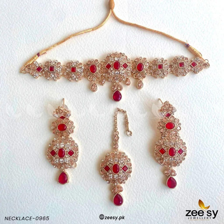 NECKLACE-0965 Golden Red Necklace Sets - Zeesy Jewellery Pakistan | Premium Artificial & Imitation Jewellery