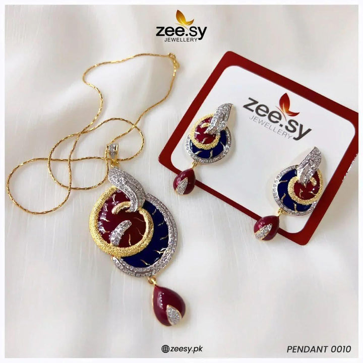 Enamel Teardrop Modern Pendant Set Blue & Red Pendant - Zeesy Jewellery Pakistan | Premium Artificial & Imitation Jewellery