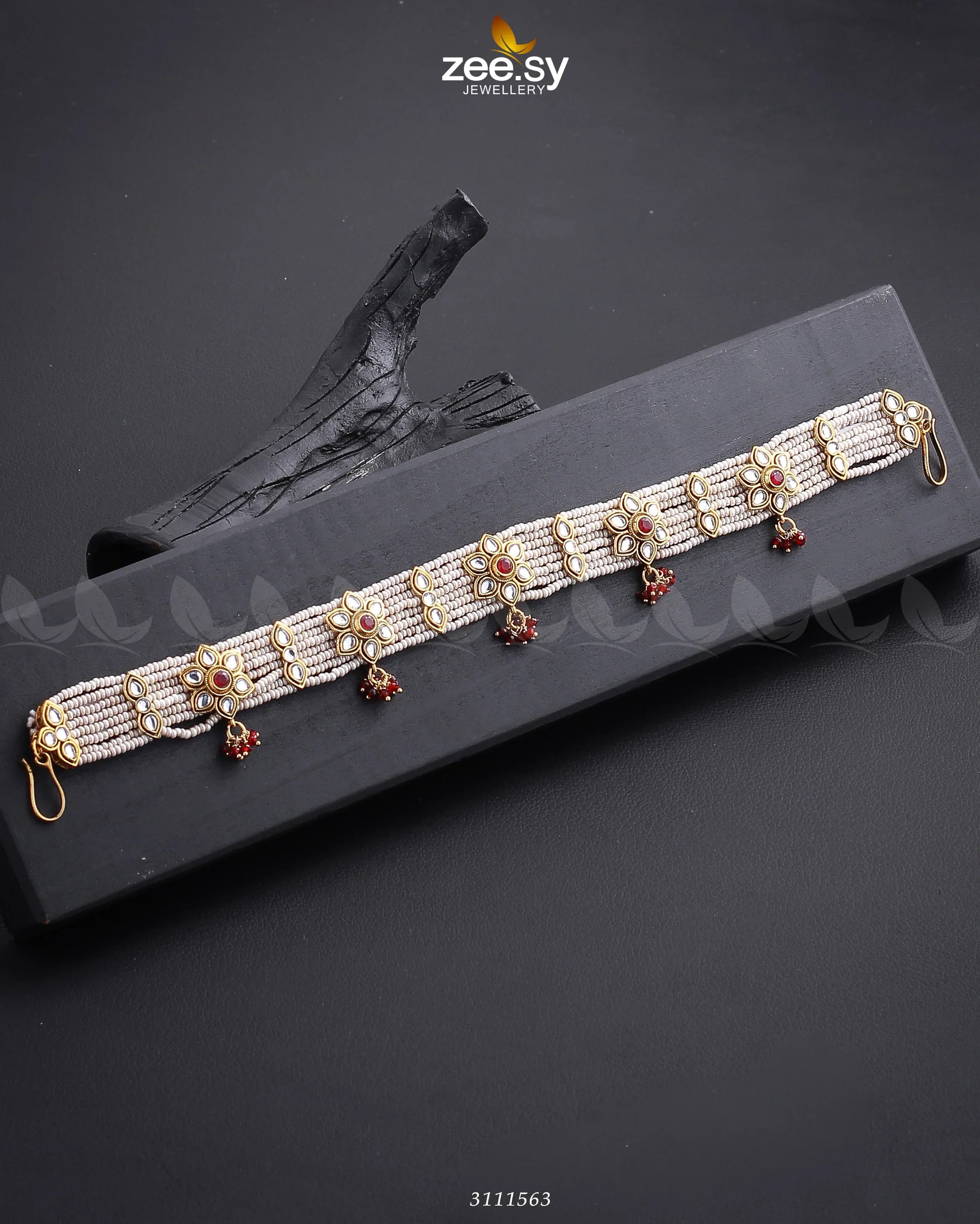 Hairloon Broad Floral Sheesh Patti Full Red - Zeesy Jewellery