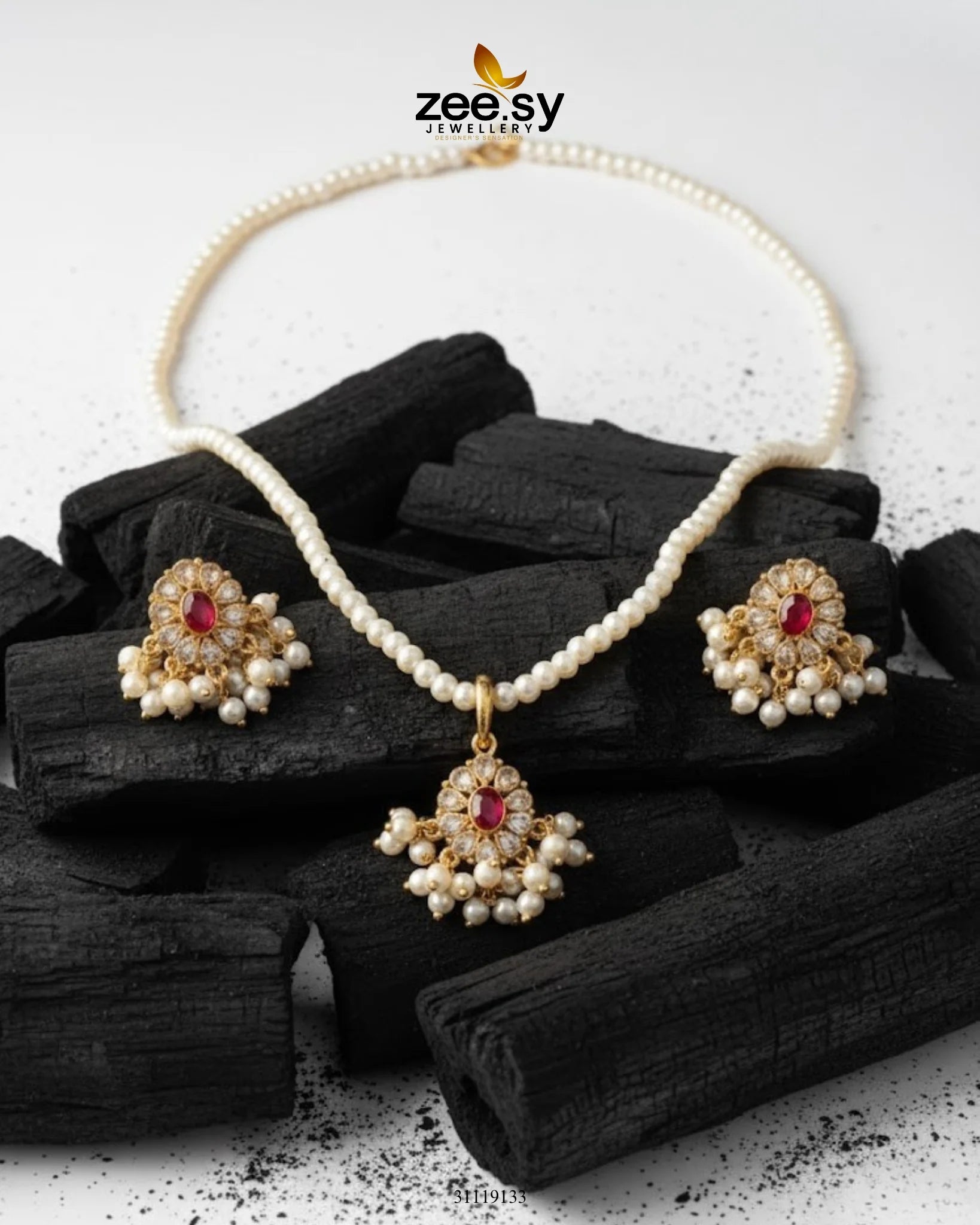 Estuary Petite Floral Necklace Set Red - Zeesy Jewellery