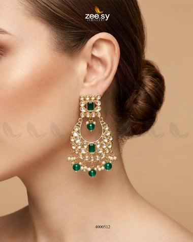 Square stone Kundan earrings by RHS09 featuring intricate design and traditional craftsmanship in a vibrant green color.