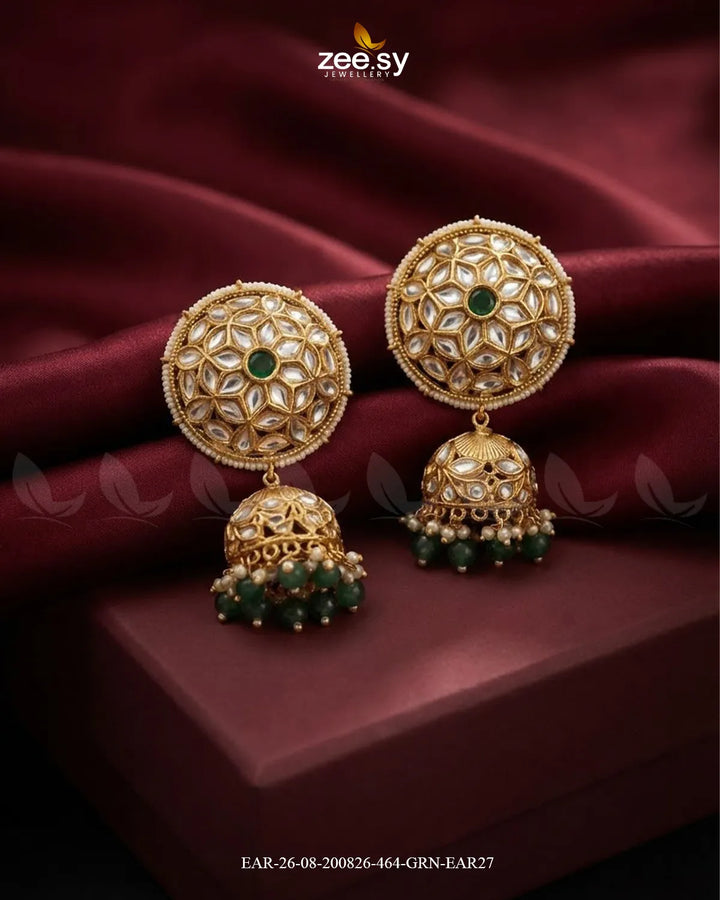 Alvira Oversized Kundan Jhumki Earrings Golden Green Earrings - Zeesy Jewellery Pakistan | Premium Artificial & Imitation Jewellery