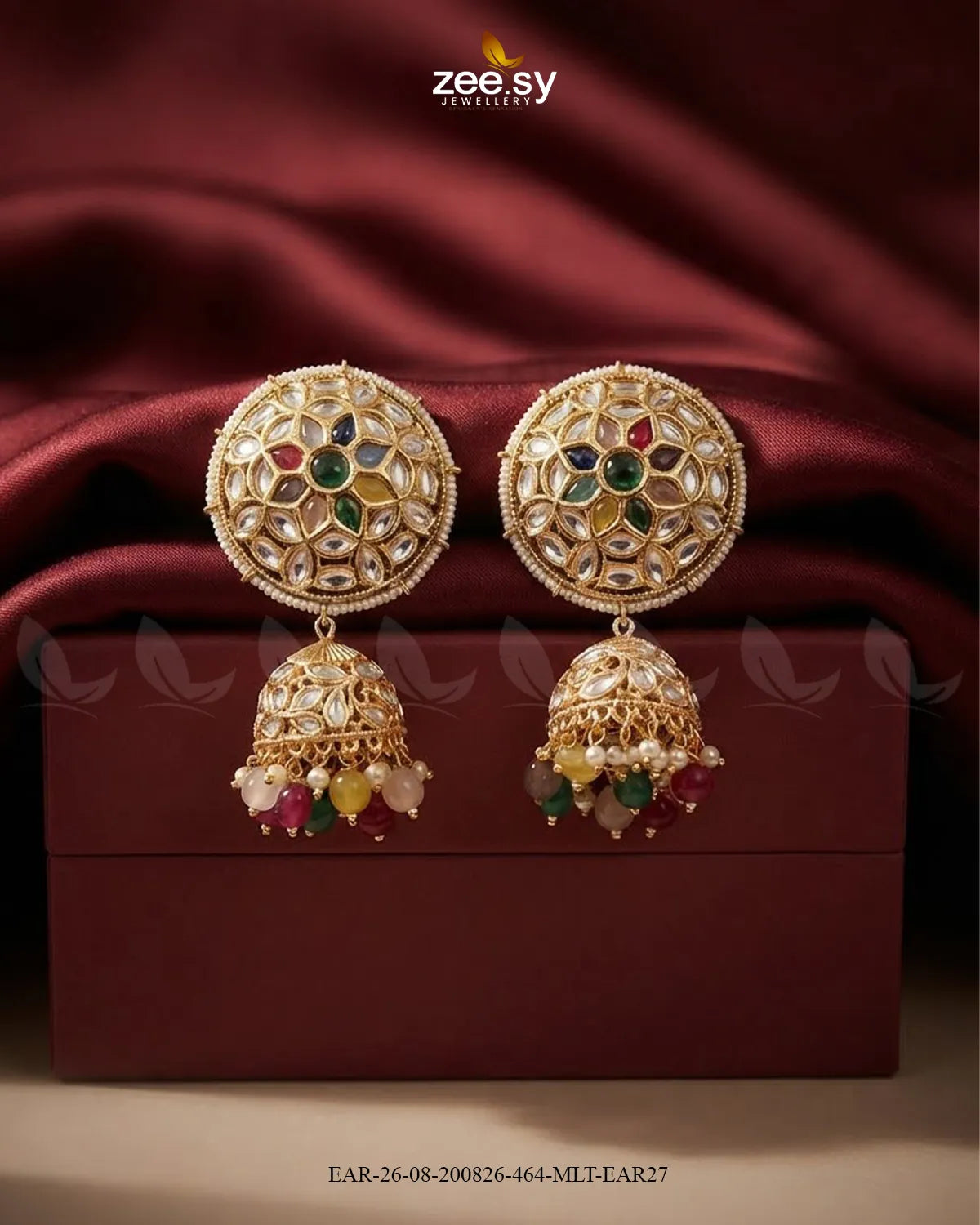 Alvira Oversized Kundan Jhumki Earrings Golden Multi Earrings - Zeesy Jewellery Pakistan | Premium Artificial & Imitation Jewellery