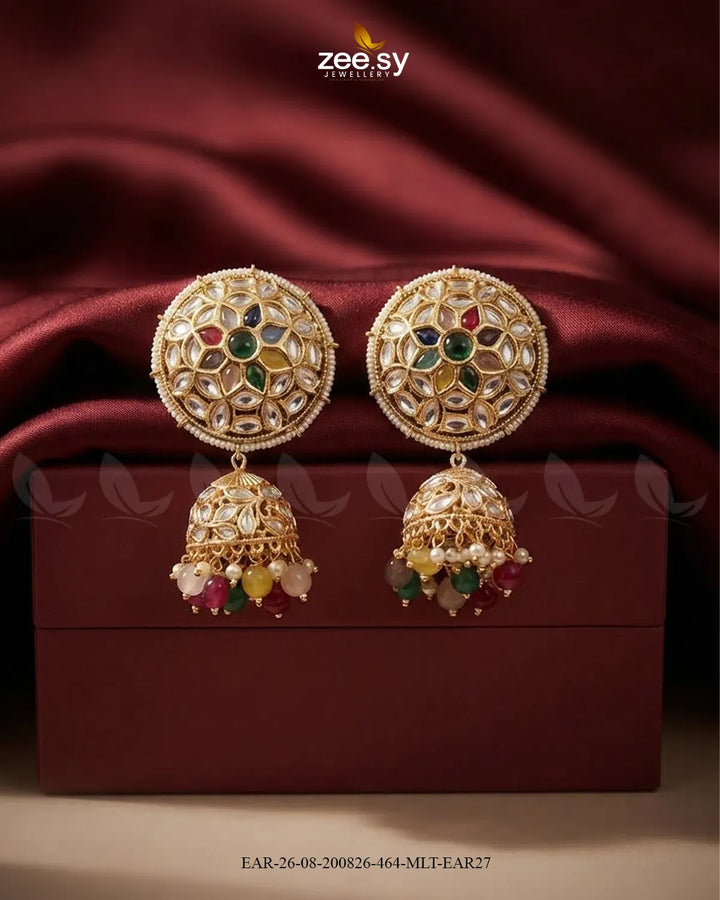 Alvira Oversized Kundan Jhumki Earrings Golden Multi Earrings - Zeesy Jewellery Pakistan | Premium Artificial & Imitation Jewellery