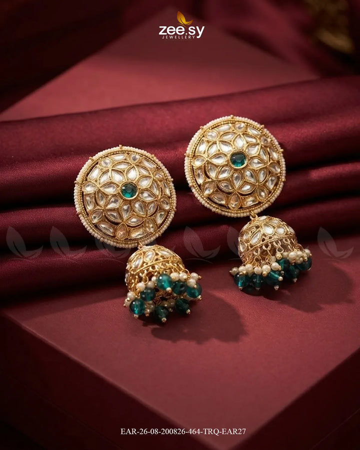 Alvira Oversized Kundan Jhumki Earrings Golden Turquoise Earrings - Zeesy Jewellery Pakistan | Premium Artificial & Imitation Jewellery