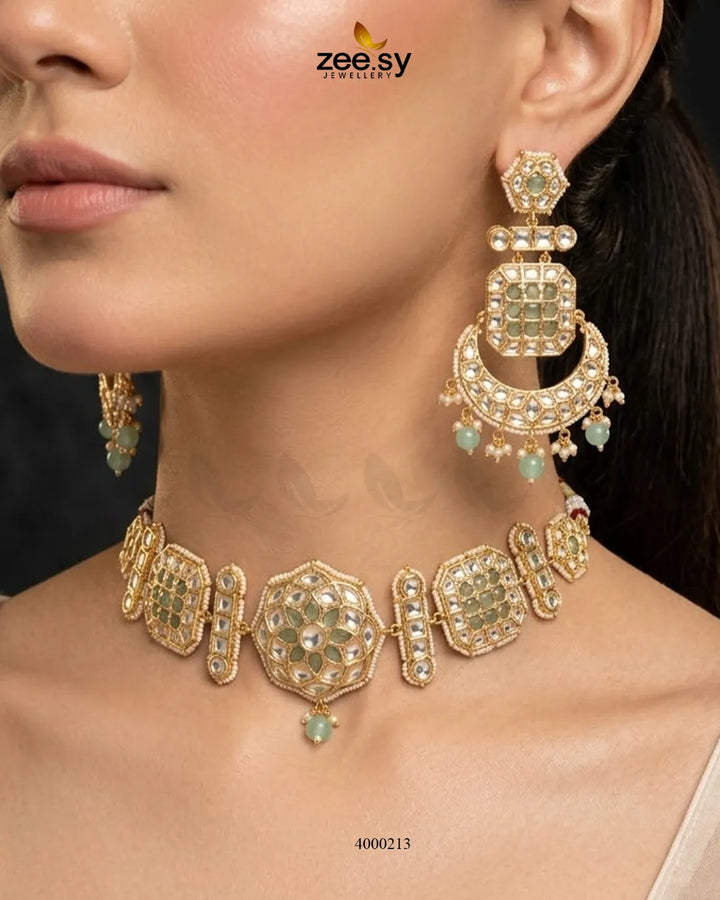 Amber pearl drop necklace set featuring mint and green beads, elegant jewelry by RHS09 with a delicate design.