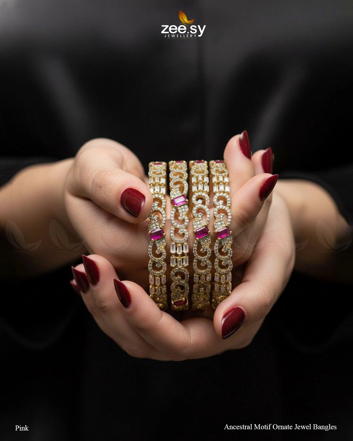 Ancestral Motif Ornate Jewel Bangles - Pink - Zeesy Jewellery