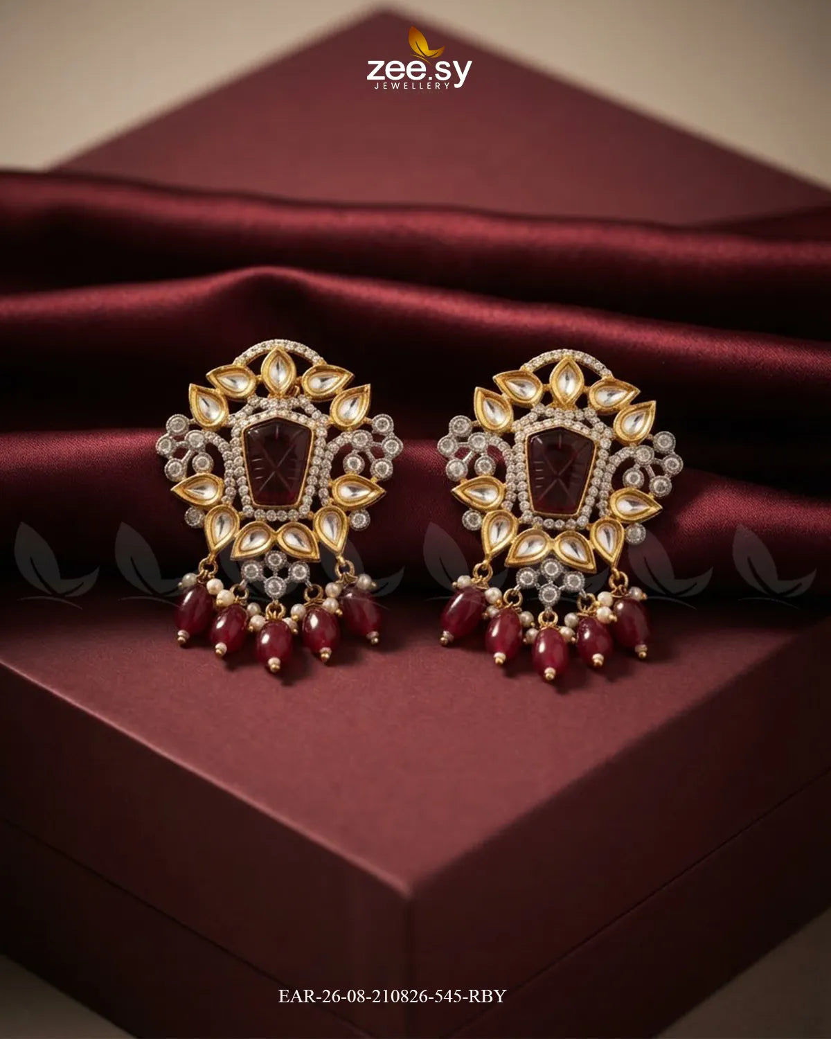 Aria Carved Beads Earrings Golden Ruby Earrings - Zeesy Jewellery Pakistan | Premium Artificial & Imitation Jewellery
