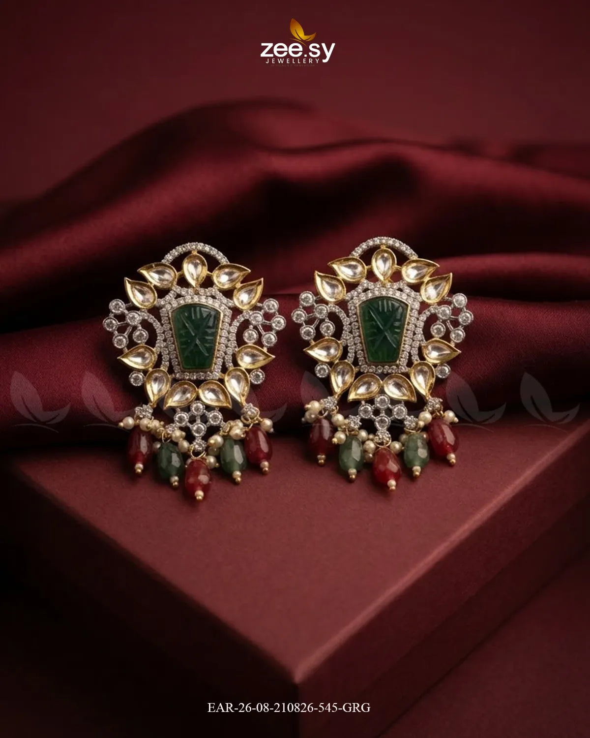 Aria Carved Beads Earrings Golden Red & Green Earrings - Zeesy Jewellery Pakistan | Premium Artificial & Imitation Jewellery