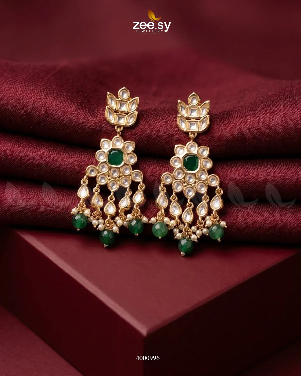 Aster Cascading Kundan Earrings Golden Green Earrings - Zeesy Jewellery Pakistan | Premium Artificial & Imitation Jewellery