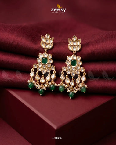 Aster Cascading Kundan Earrings Golden Green Earrings - Zeesy Jewellery Pakistan | Premium Artificial & Imitation Jewellery