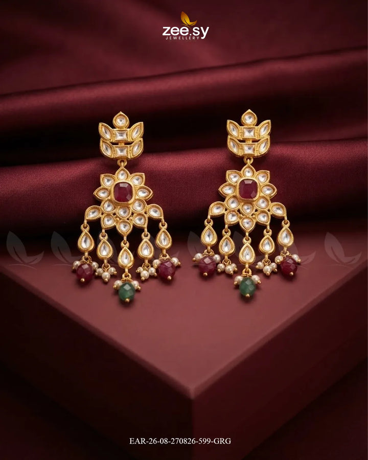 Aster Cascading Kundan Earrings Golden Ruby and Green Earrings - Zeesy Jewellery Pakistan | Premium Artificial & Imitation Jewellery