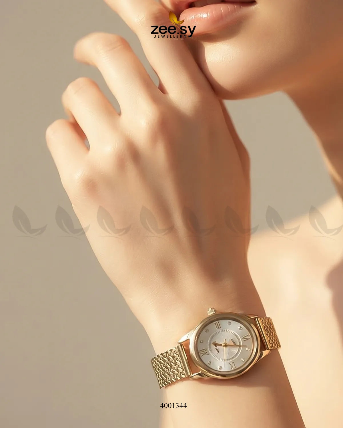 Aura Oval Mesh Watch Golden White ACCESSORIES - Zeesy Jewellery Pakistan | Premium Artificial & Imitation Jewellery