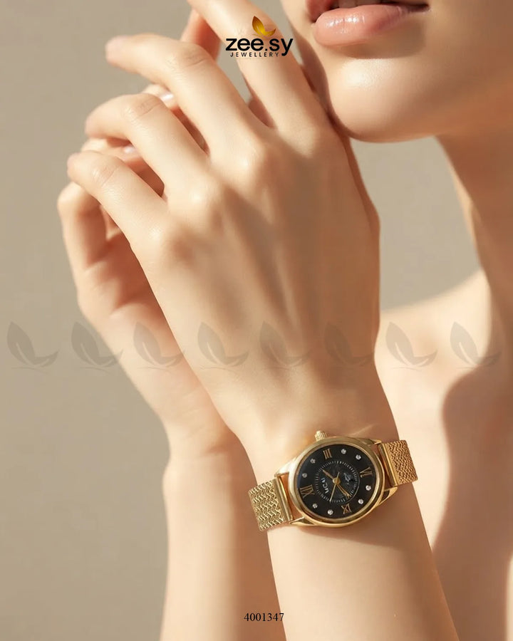 Aura Oval Mesh Watch Golden Black ACCESSORIES - Zeesy Jewellery Pakistan | Premium Artificial & Imitation Jewellery