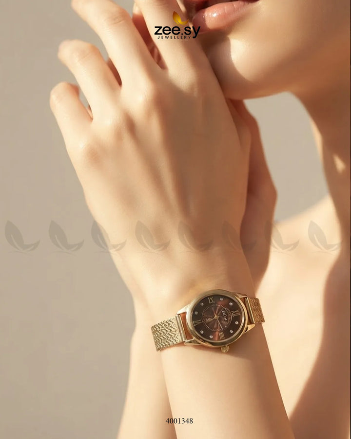 Aura Oval Mesh Watch Golden Brown ACCESSORIES - Zeesy Jewellery Pakistan | Premium Artificial & Imitation Jewellery