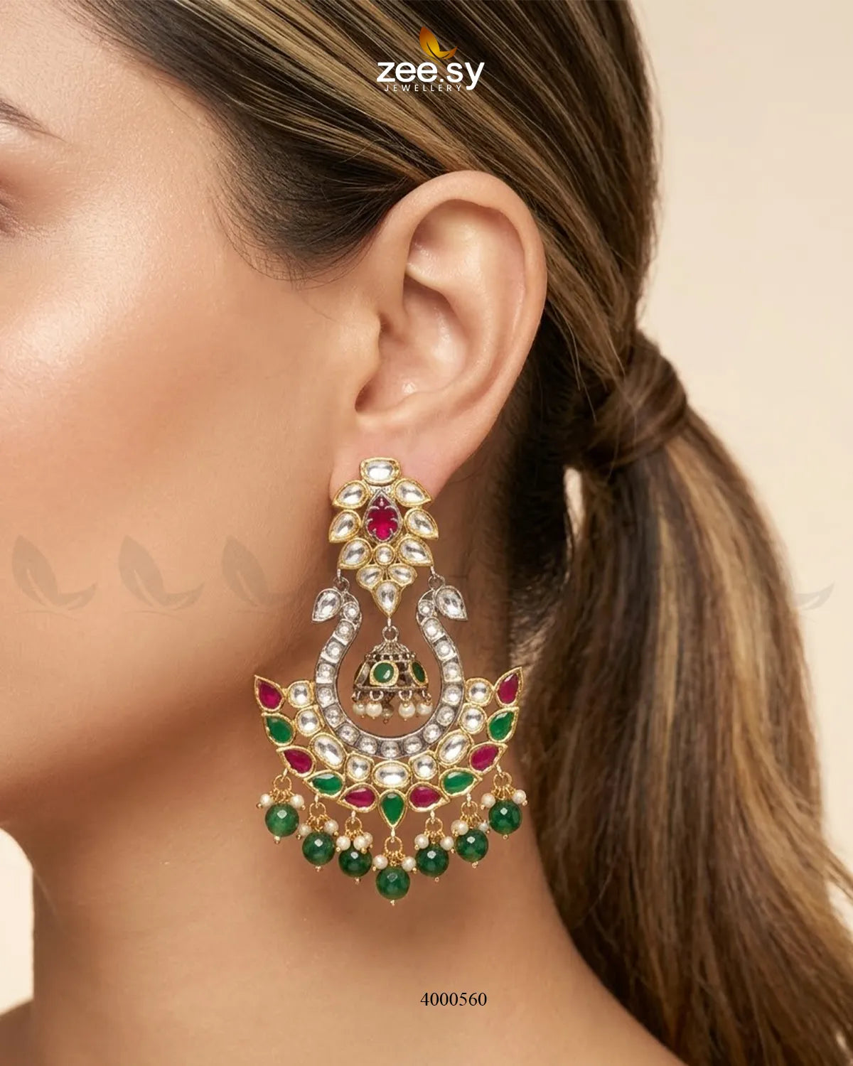Aurelia Kundan Beads Earrings featuring intricate gold and ruby-red Kundan beads, showcasing traditional Indian jewelry design.