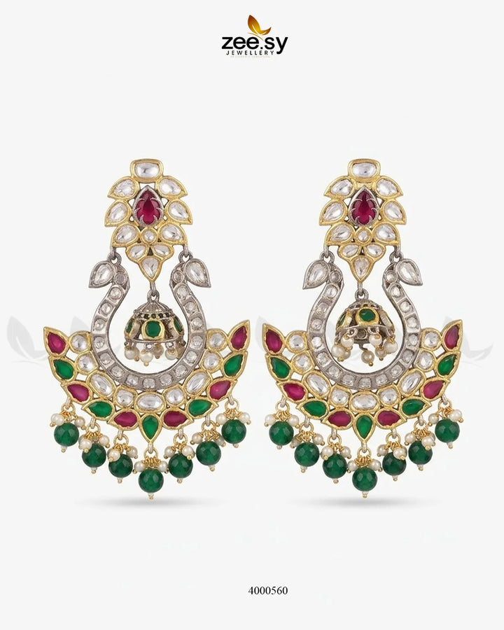 Gold-toned Aurelia Kundan Beads earrings with ruby and green accents, featuring intricate design and traditional craftsmanship.