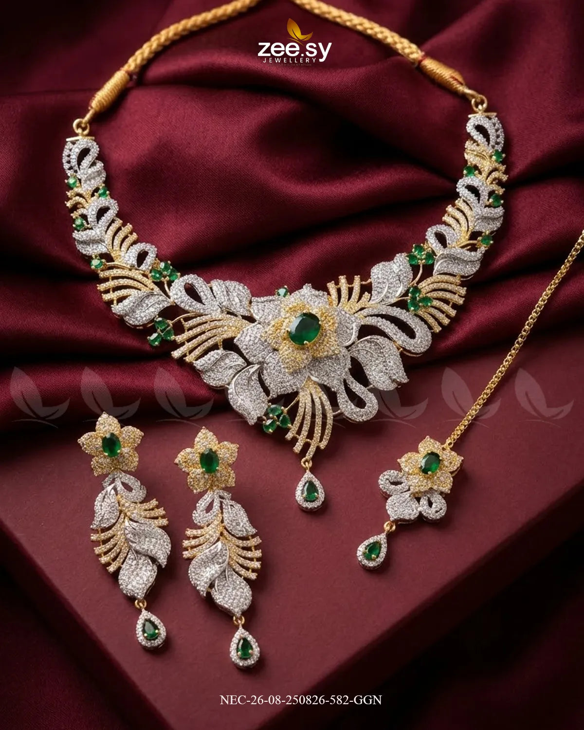 Azure Floral Sapphire Necklace Set Golden Green Necklace Sets - Zeesy Jewellery Pakistan | Premium Artificial & Imitation Jewellery