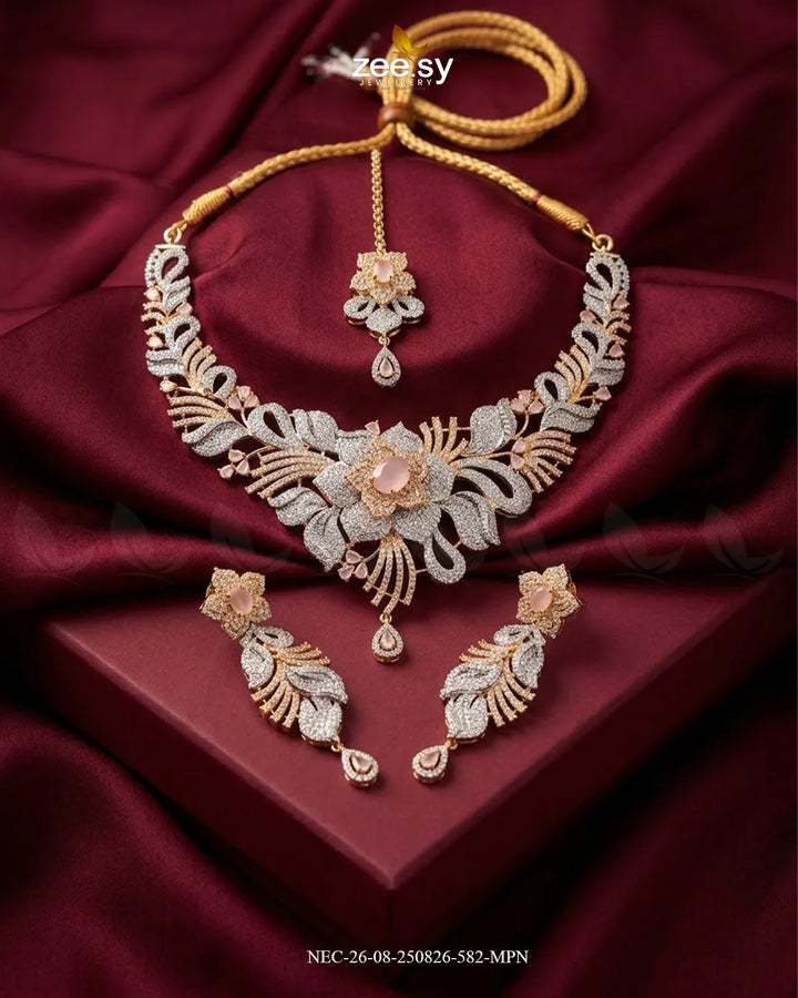 Azure Floral Sapphire Necklace Set Golden Mint Pink Necklace Sets - Zeesy Jewellery Pakistan | Premium Artificial & Imitation Jewellery