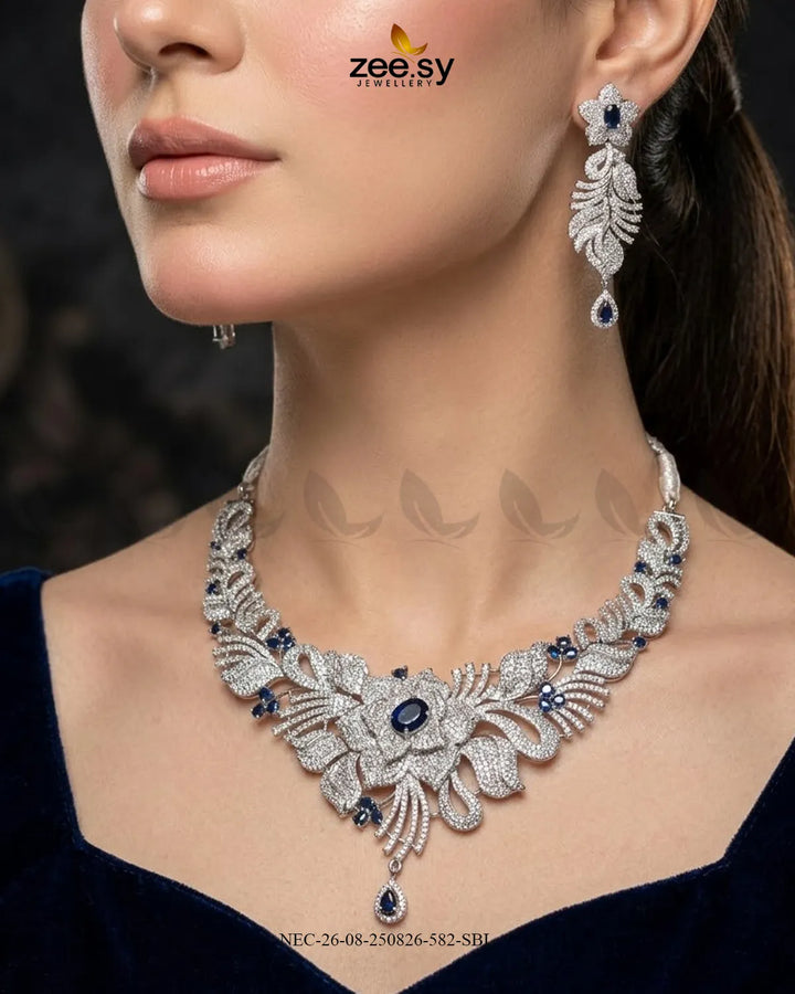 Azure Floral Sapphire Necklace Set Silver Blue Necklace Sets - Zeesy Jewellery Pakistan | Premium Artificial & Imitation Jewellery