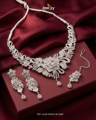 Azure Floral Necklace Set - Silver – Necklace Sets by Zee.Sy Jewellery (view 3)