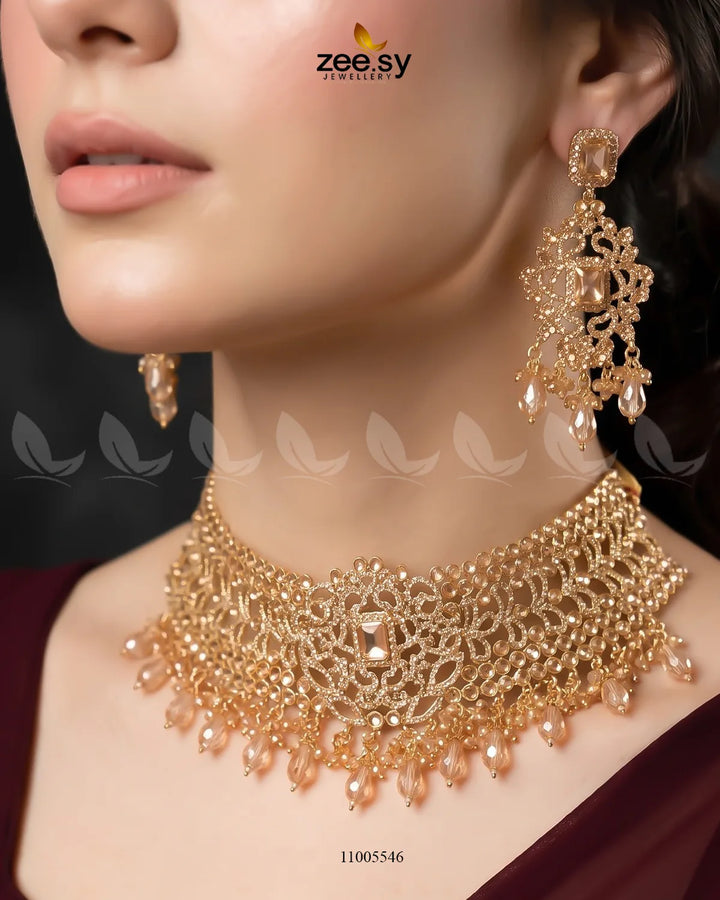 RJ05 bridal set in champagne finish, featuring an elegant coordinated jewelry design bridal set