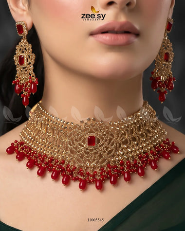 RJ05 BRIDAL-0232 bridal set in red, three-piece jewelry arrangement