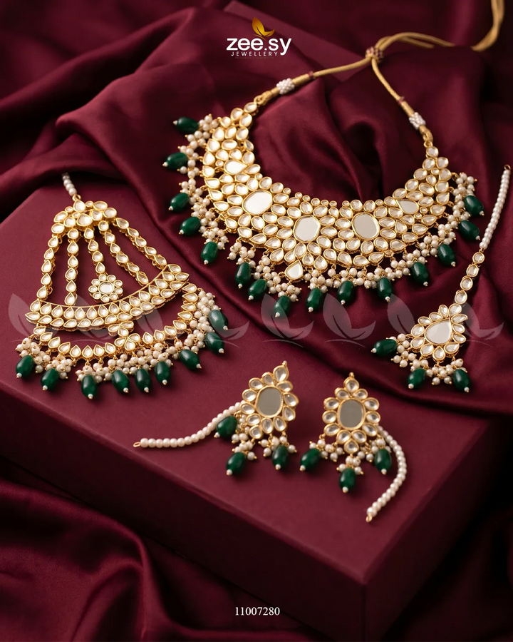 SK01 BRIDAL-0258 bridal set in green, featuring coordinated jewelry pieces from a front-facing view