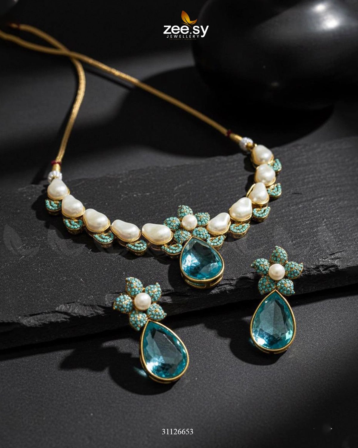 Oceanic Baroque Teardrop Necklace Set Blue - Zeesy Jewellery