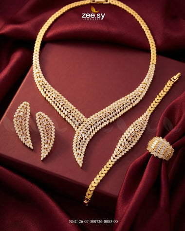 Baguette American Daimond Necklace Set Golden Necklace Sets - Zeesy Jewellery Pakistan | Premium Artificial & Imitation Jewellery