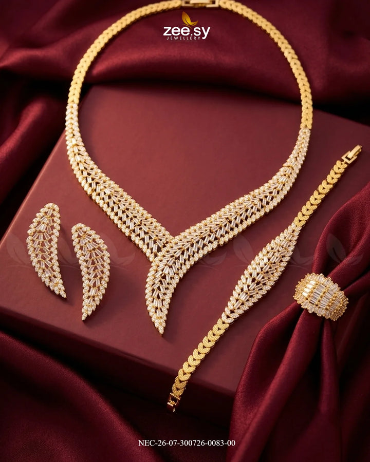 Baguette American Daimond Necklace Set Golden Necklace Sets - Zeesy Jewellery Pakistan | Premium Artificial & Imitation Jewellery