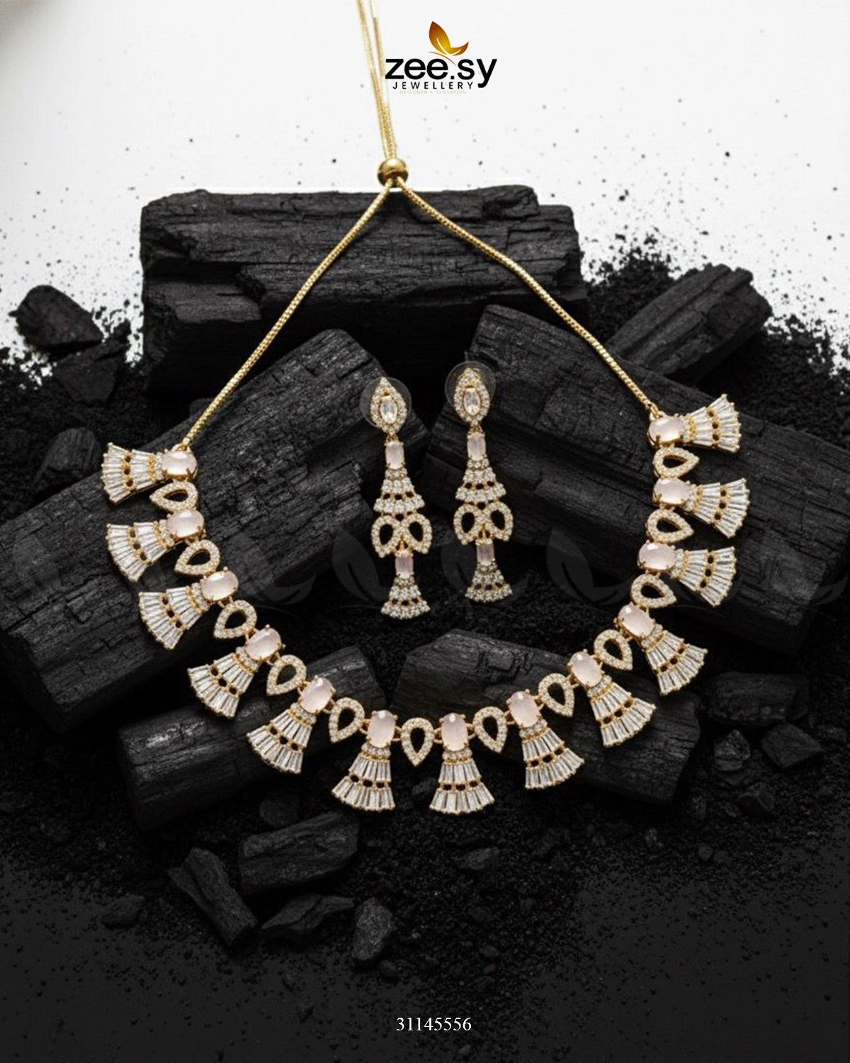 Baguette Fringe Tassel Necklace Set Golden Mint Pink - Zeesy Jewellery