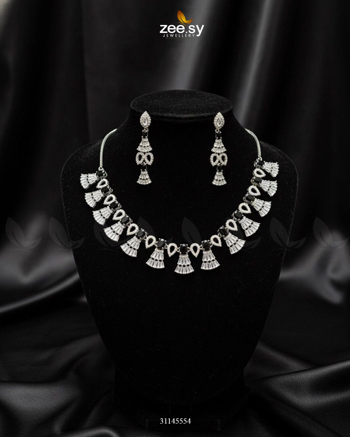 Baguette Fringe Tassel Necklace Set Silver Black - Zeesy Jewellery