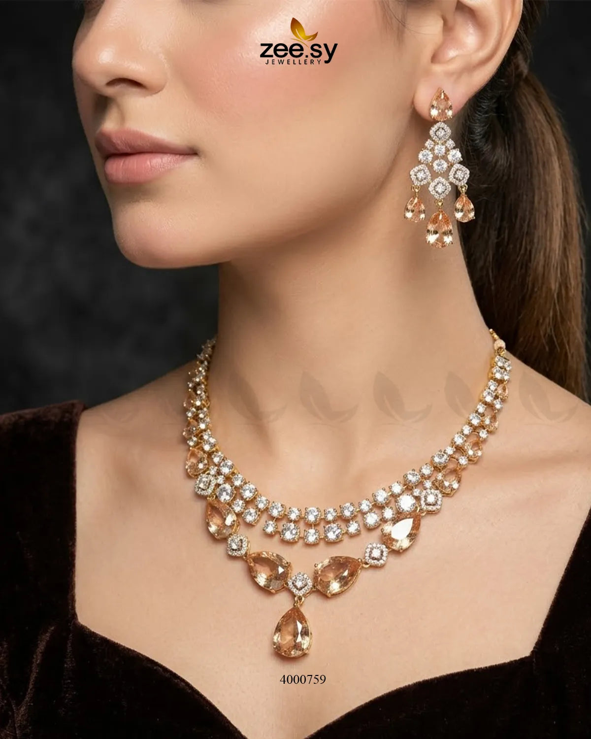 Bella Drop AD necklace set by RHS09, featuring a sparkling pendant and matching earrings in silver tone