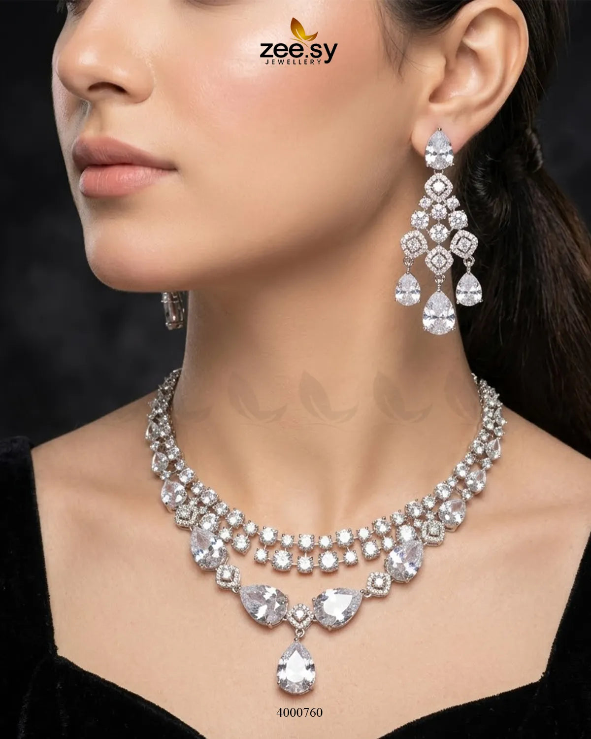 Elegant Bella Drop AD necklace set by RHS09 featuring white drop pendant and matching chain, perfect for special occasions.