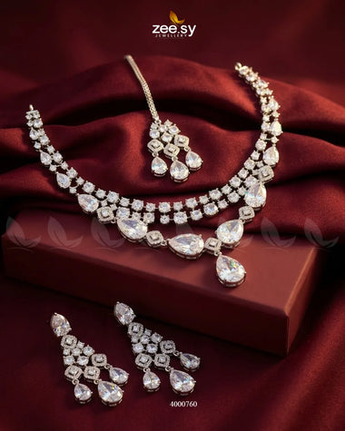 Elegant white Bella Drop AD necklace set by RHS09 featuring delicate drop pendants and matching earrings.