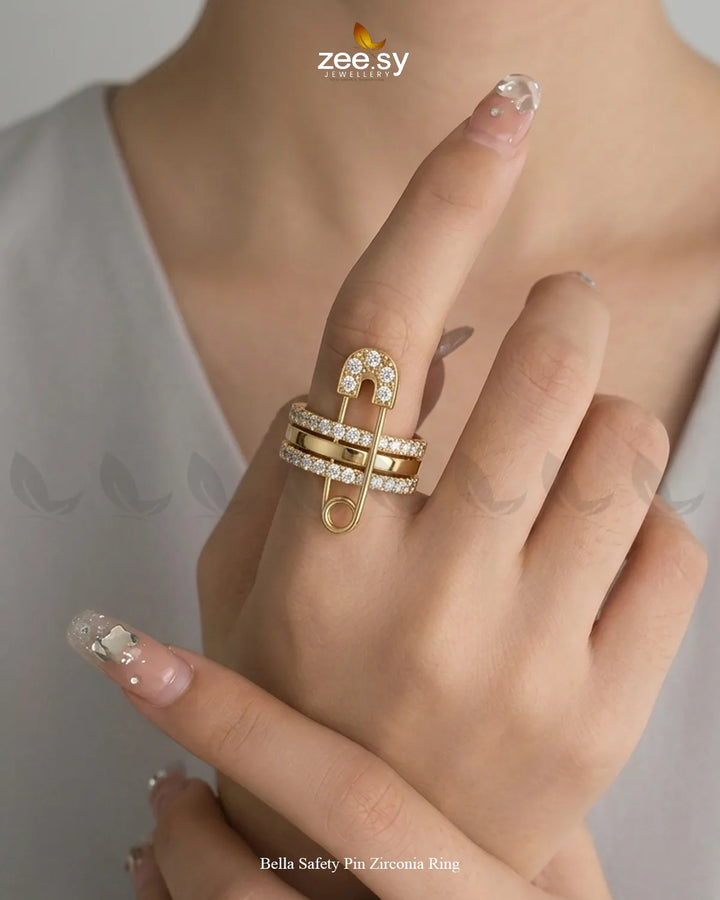 Bella Safety Pin Zirconia Ring Finger Ring - Zeesy Jewellery Pakistan | Premium Artificial & Imitation Jewellery